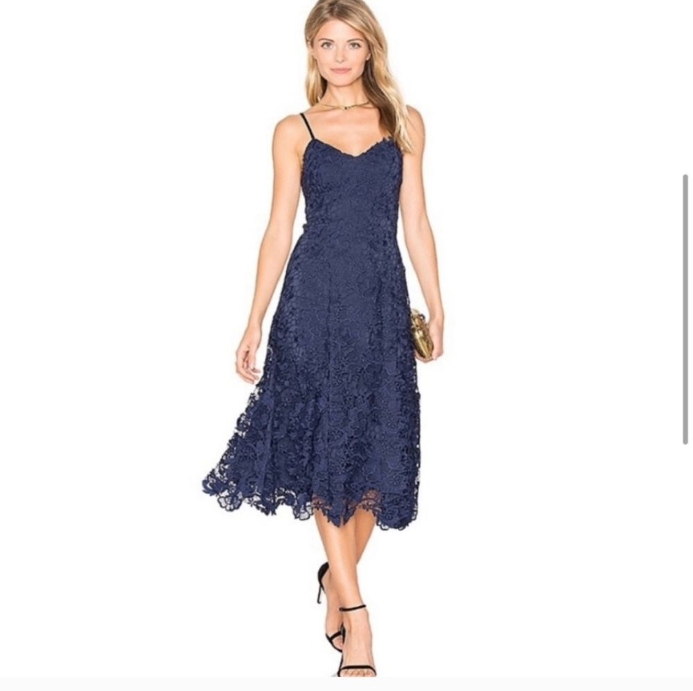 Alice + Olivia Navy Naomi Spaghetti Strap Lace Midi Dress